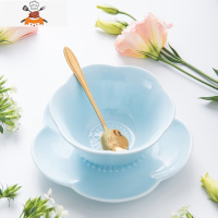 日式创意少女心碗碟陶瓷套装餐具甜品碗糖水银耳汤碗盅水果沙拉碗 敬平 蓝 4.8寸花碗+花盘+金色花勺