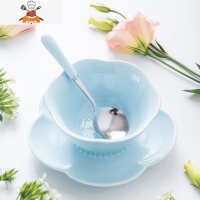 日式创意少女心碗碟陶瓷套装餐具甜品碗糖水银耳汤碗盅水果沙拉碗 敬平 蓝 4.8寸花碗+花盘+陶瓷柄勺