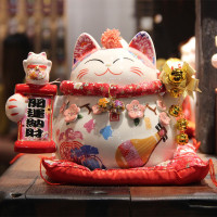 日本陶瓷女猫 公司办公室店铺收银台开业装饰礼品摆件存钱罐 三维工匠 财福双至升级款971