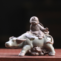 创意陶瓷牧童骑牛童子摆件紫砂茶宠鱼缸盆景造景微景观装饰品田园 三维工匠