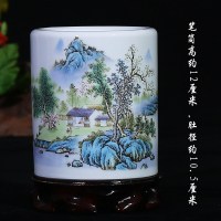 景德镇陶瓷花瓶粉彩瓷器山水现代家居书房笔筒摆件古典办公工艺品 三维工匠 虾趣