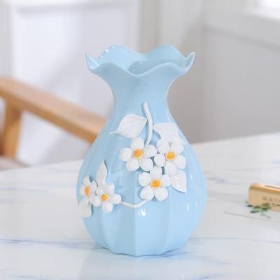 欧式简约现代插花小花瓶蓝色家居客厅酒柜装饰品创意北欧陶瓷摆件 三维工匠 蓝花瓶