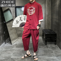 SUNTEK中式红色唐装男春夏季中国风复古装亚麻套装宽松青年中山装外套潮夹克