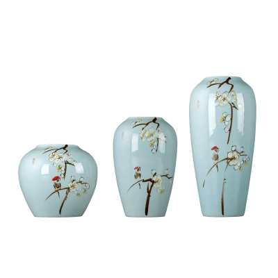 现代中式手绘陶瓷三件套花瓶花插样板间家居饰品装饰瓷瓶