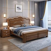 锐取 床 中式实木床现代简约主卧室1.8米双人床1.5米单人床高端加厚乌金木纹实木床科技布软靠床