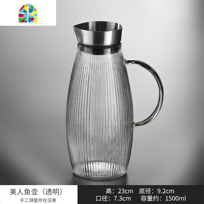欧式玻璃凉水壶带把冷水壶不锈钢盖加厚耐热可高温泡茶壶茶具套装 FENGHOU 美人鱼壶(黄把)+4杯