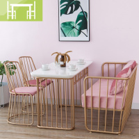 逸家伴侣北欧现代创意金色铁艺实木餐桌沙发椅长凳组合甜品奶茶店长桌