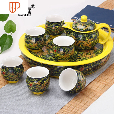 隔热功夫家用泡旅行茶具简约现代中式瓷茶台 国泰家和 9头双层大盘-海浪龙 8件