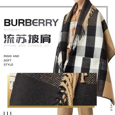 巴宝莉(BURBERRY)格纹羊毛混纺提花披肩女士外套格纹流苏斗篷8021949