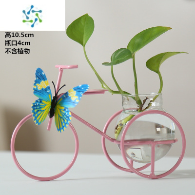 三维工匠创意绿萝水培植物玻璃透明花瓶插花水养花盆铁艺器皿桌面客厅摆件 铁艺-自行车-粉 中等