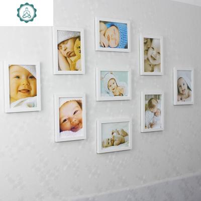 九宫格7寸照片墙影楼 简约现代9个七寸组合儿童宝宝相片相框挂墙 封后 玫红+白