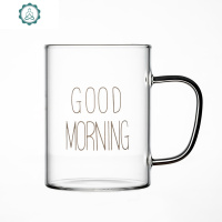 ins玻璃杯水杯带把good morning家用早安杯早餐果汁牛奶咖啡杯子 封后 黑字+不锈钢圆头勺+竹杯盖