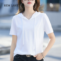 NEW LAKE白色连帽短袖t恤女夏季宽松设计感小众韩系chic别致甜美女装上衣