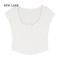 NEW LAKE纯欲辣妹黑色方领短袖T恤女夏季修身显瘦性感短款不规则高腰上衣