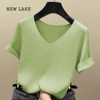 NEW LAKE2024年夏季新款冰丝T恤针织短袖女显瘦多色v领薄款打底衫上衣大码