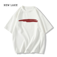 NEW LAKE花灰色t恤短袖女夏季新款小众设计感印花中长款百搭纯棉上衣ins潮