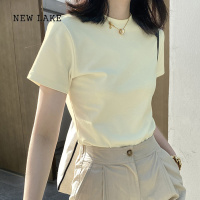 NEW LAKE奶黄色高领t恤短袖女正肩高级感小个子修身上衣夏季套装纯棉半袖