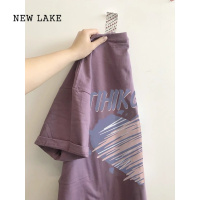 NEW LAKEchao美,口碑好货!美式复古t恤女紫色宽松高级感印花短袖上衣潮