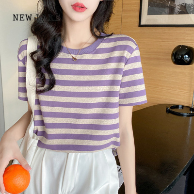 NEW LAKE紫色条纹短袖上衣女新款2024下摆弧形设计感大码女装小个子T恤夏