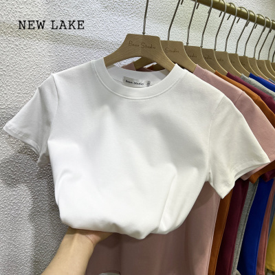 NEW LAKE2024夏季新款气质小圆领短袖T恤女修身洋气显瘦内搭纯棉打底上衣