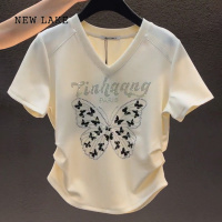 NEW LAKEV领短袖T恤女夏季新款镶钻字母设计蝴蝶创意印花装饰洋气收腰上衣