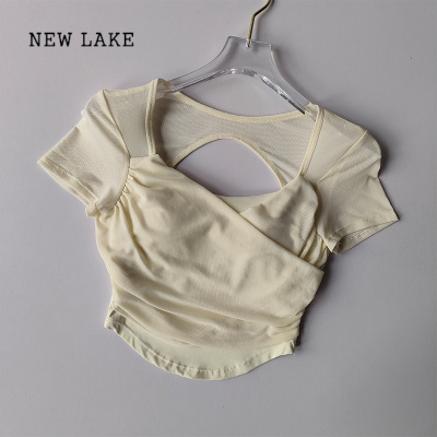 NEW LAKE高级感法式网纱瑜伽服女上衣普拉提短袖运动衣带胸垫健身T恤短款