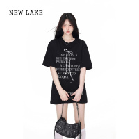 NEW LAKE黑色蝴蝶结正肩短袖t恤女夏季设计感美式宽松半袖中长款上衣