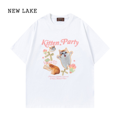 NEW LAKE复古可爱小猫咪印花短袖T恤女2024夏季纯棉宽松上衣