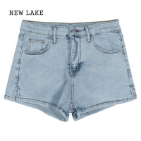 NEW LAKE辣妹高腰复古牛仔短裤女装夏季浅蓝色热裤开叉小个子直筒紧身裤子