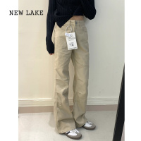 NEW LAKEMIAOSHENGCHI定制高个子170微喇牛仔裤女春秋加长卡其阔腿工装裤