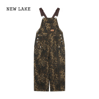 NEW LAKE美式复古豹纹背带裤宽松牛仔阔腿裤女夏季设计感工装拖地裤长裤子
