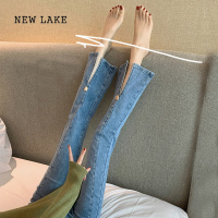 NEW LAKE七分微辣喇牛仔裤女145小个子春季穿搭八分显高显瘦高腰开叉喇叭
