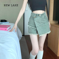 NEW LAKE不规则毛边牛仔短裤裙女大码胖妹妹高腰显瘦遮肚子遮肉设计感短裙