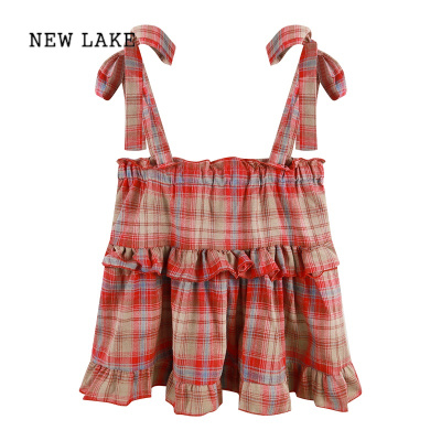 NEW LAKE姐妹闺蜜装红色格子吊带连衣裙子女装夏季2024新款森系小清新长裙