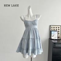 NEW LAKE春日氧气感 蓝色吊带连衣裙女春季高腰贴身小个子蛋糕裙子