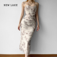 NEW LAKEKINGGIRL油画复古玫瑰花网纱吊带连衣裙纯欲碎花气质包臀垂感长裙