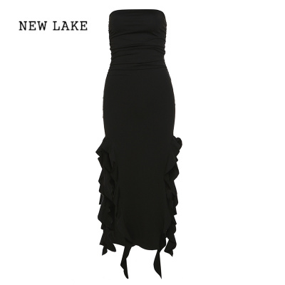 NEW LAKE 设计感复古小众黑色抹胸连衣裙女褶皱显瘦修身不规则中长裙