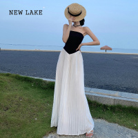NEW LAKE法式高级设计感拼接百褶抹胸连衣裙一字肩海边度假长裙三亚沙滩裙