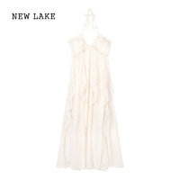 NEW LAKE性感气质重工挂脖吊带连衣裙女夏季长裙白色露背海边度假沙滩裙子