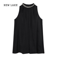 NEW LAKE黑色缎面挂脖连衣裙女装夏季裙子小个子宽松洋气a字露肩气质短裙