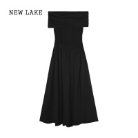 NEW LAKE法式轻熟高级感赫本风气质一字肩黑色连衣裙女夏季收腰温柔长裙子