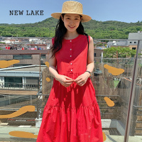 NEW LAKE韩国chic夏季法式简约圆领单排扣宽松层次感无袖背心连衣裙长裙女