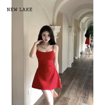 NEW LAKE红色吊带连衣裙女夏季小个子a字裙性感收腰抹胸裙子高级感小礼服