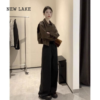 NEW LAKE港风棕色pu皮衣外套女2024春秋新款宽松小个子短款夹克机车服上衣