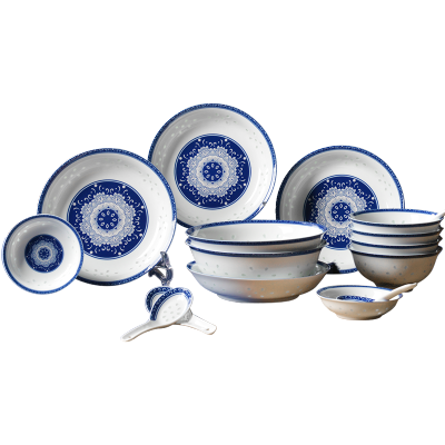古镇陶瓷景德镇中式家用餐具套装组合白瓷玲珑青花瓷碗碟盘子礼盒16头餐具出水芙蓉
