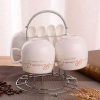 陶瓷马克杯 金边陶瓷咖啡杯套装4个送架创意牛奶杯可爱早餐杯水杯J3|黄金R标 4杯送4勺4垫+架子