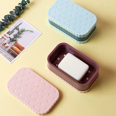 家用简约方形塑料香皂盒带盖防尘肥皂架浴室双层沥水透气饼干皂拖