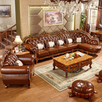 欧式真皮转角沙发l型客厅组合小户型美式实木雕花拐角高档头层皮