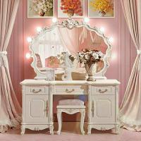 欧式梳妆台卧室公主化妆台带灯白色柜奢华雕花网红化妆桌子小户型