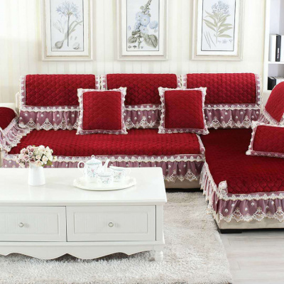 沙发垫冬季毛绒布艺欧式客厅防滑沙发套四季通用沙发罩巾 欧莱雅-大红色 60*120